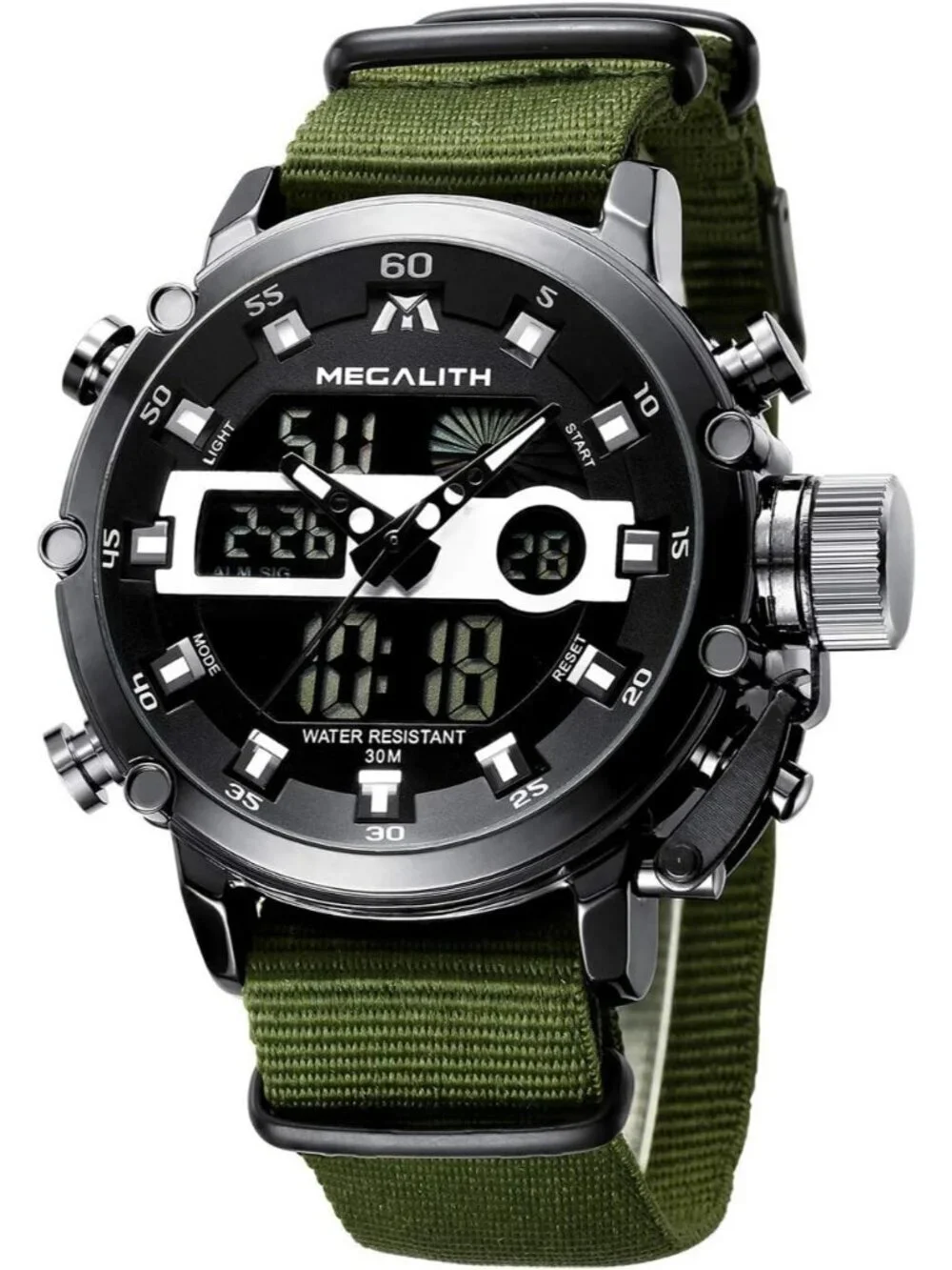 Men's Green And Black Analog Nylon Strap Waterproof Multifunction Digital Watch